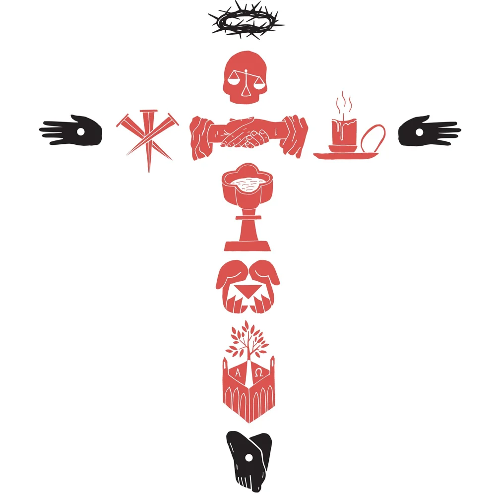 Illustrated cross composed of symbols representing the seven last sayings of Christ